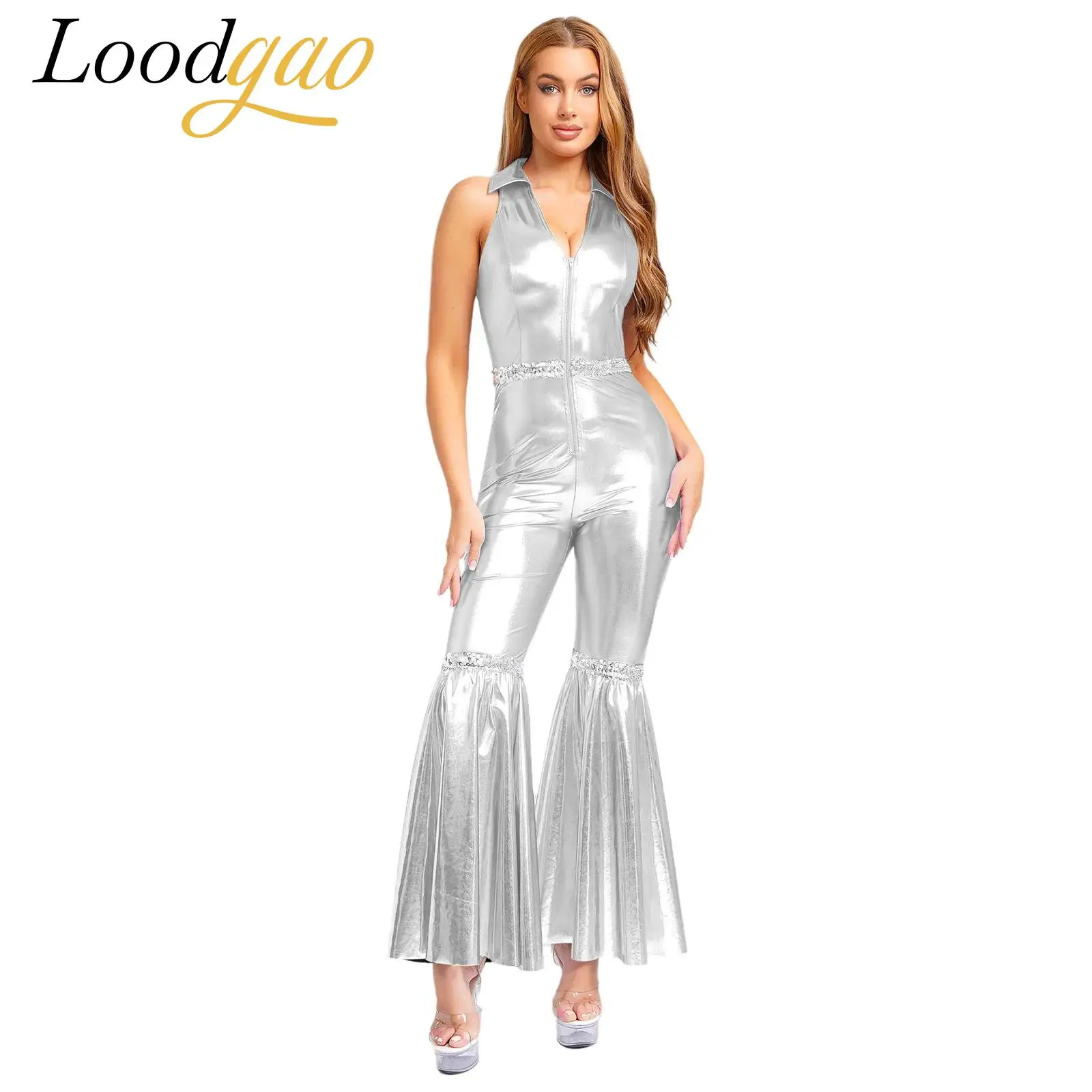Women's Lapel Sleeveless Jumpsuits Retro 70s Disco Party Rompers Bell Bottom Long Pants for Jazz Dance Costume Sequins Jumpsuit