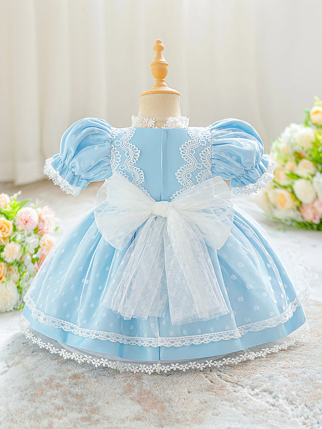 Elegant Polka Dot Party Baby Girl Dress Toddler Bow Flower Wedding 1st Birthday Prom Dress Girls Lace Bridesmaid Evening Costume