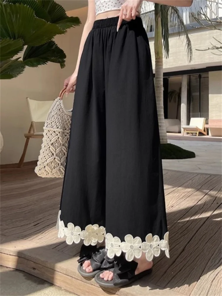 

plus Size Korean Style Splice Wide Leg Pants Women's Casual Spring Summer High Waist Flared Trousers for Heavy Girls