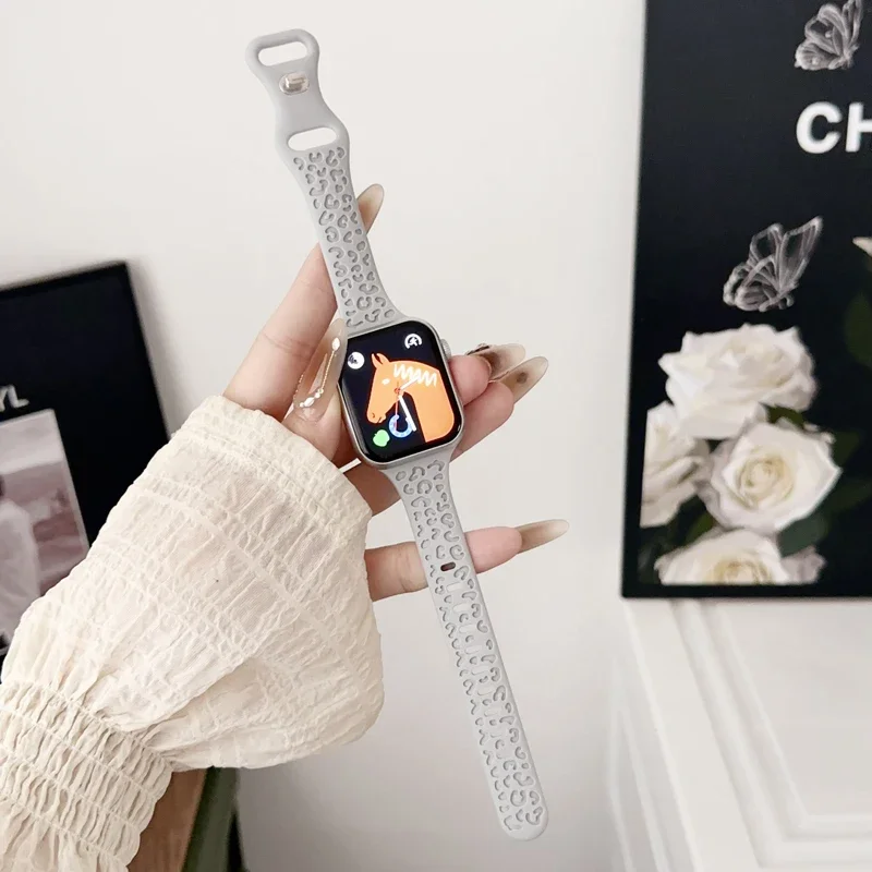 Pulseira de silicone estampa leopardo para Apple Watch, pulseira esportiva, iWatch Series 9, 8, 7, 6, 4, 5, 3, SE Ultra 2, 40mm, 44mm, 45mm, 41 milímetros, 38 milímetros, 49 milímetros