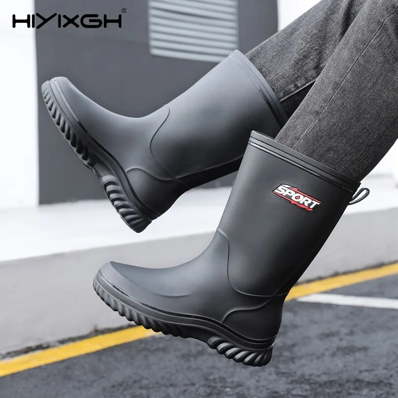 

Fashion High Top Men's Rain Boots Waterproof Non-slip Plush Lining Outdoor Water Shoes Round Toe Flat Heel Casual Style