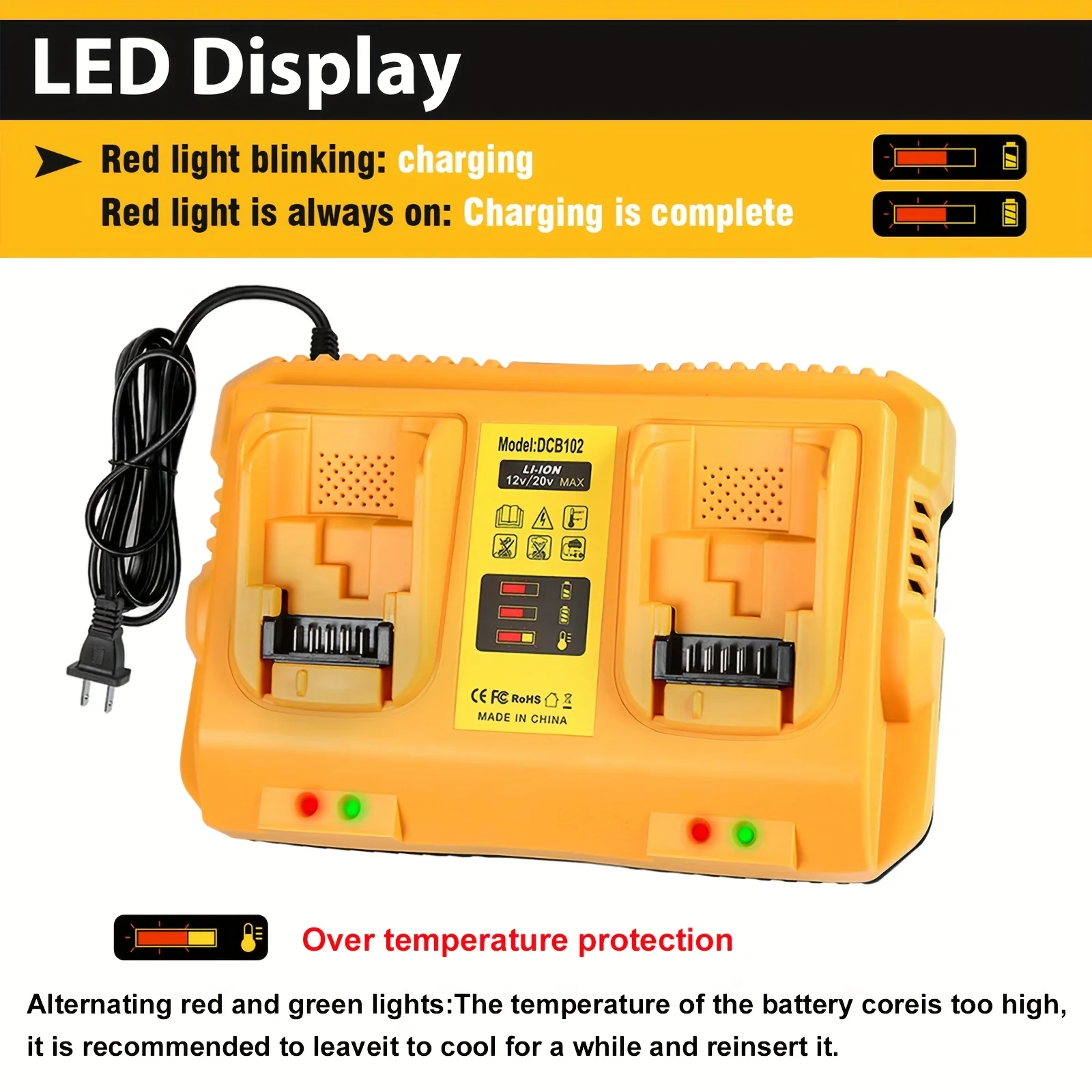 VICTPOWER DCB102 20V Dual Port Charger Station Compatible with for Dewalt 12V/20V Batteries DCB120 DCB124 DCB127 DCB204 DCB200