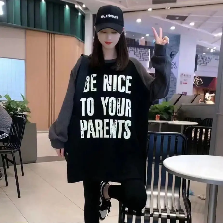 Oversized Autumn Winter New Casual Korean Patchwork O-neck Mid Length Top Female All-match Letter Loose Long Sleeve T-Shirts