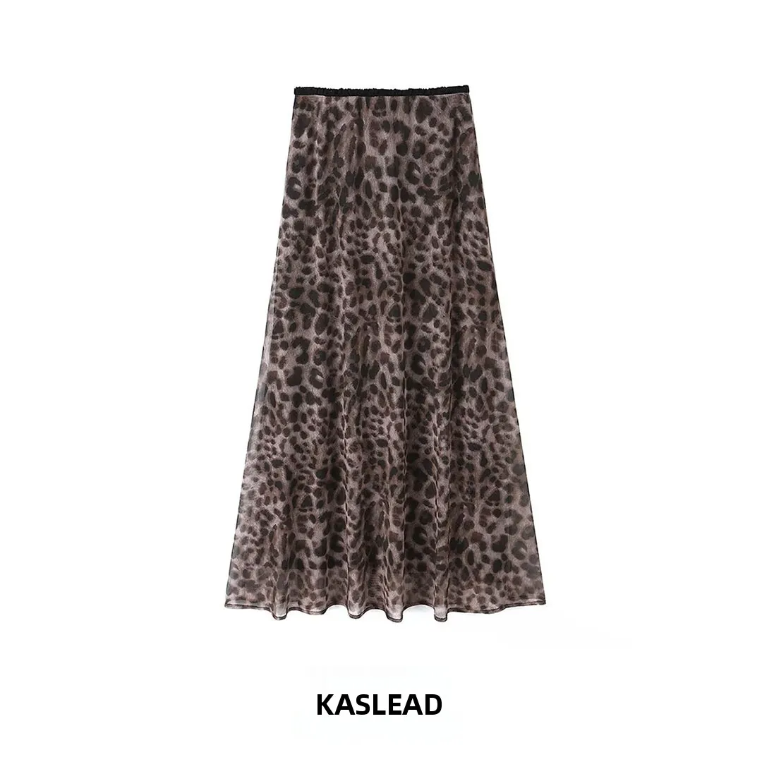 KASLEAD New Women's Fashion Elastic Net Leopard Print Ruffle Long Half Skirt Versatile A-Line Midi Skirt Standard Fit Polyest...