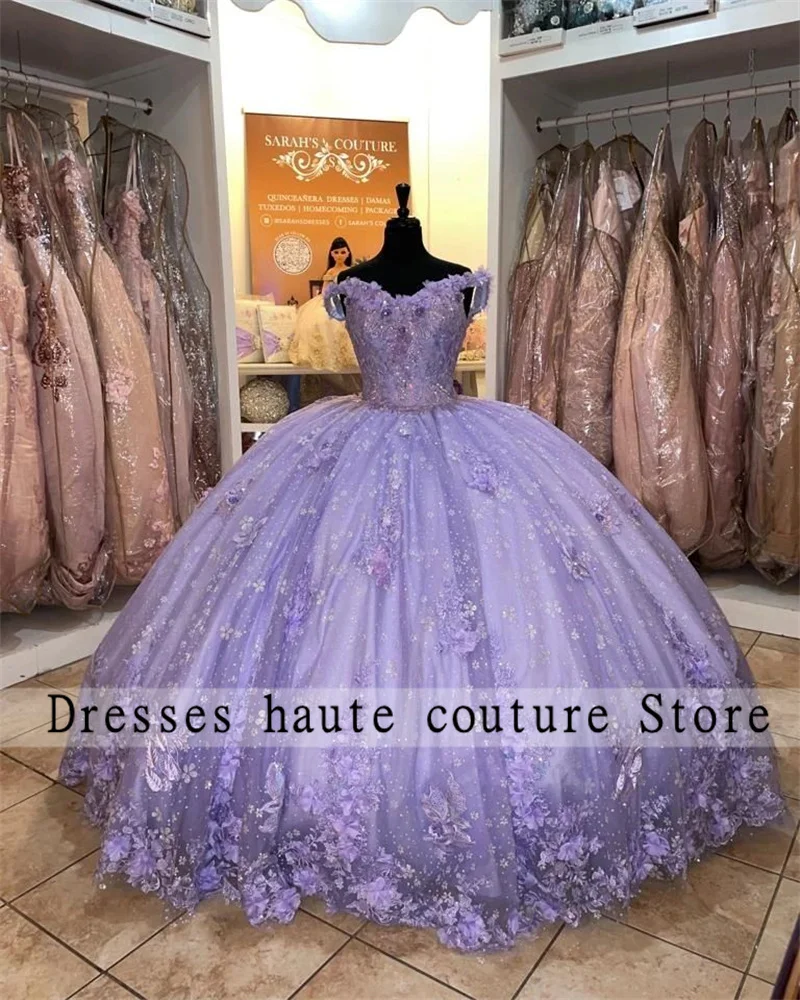 Luxury Lilac Purple Princess Ball Gown Quinceanera Dresses 2024 3D Flowers Appliques Rhinestones Luxury Vestidos De 15 Años