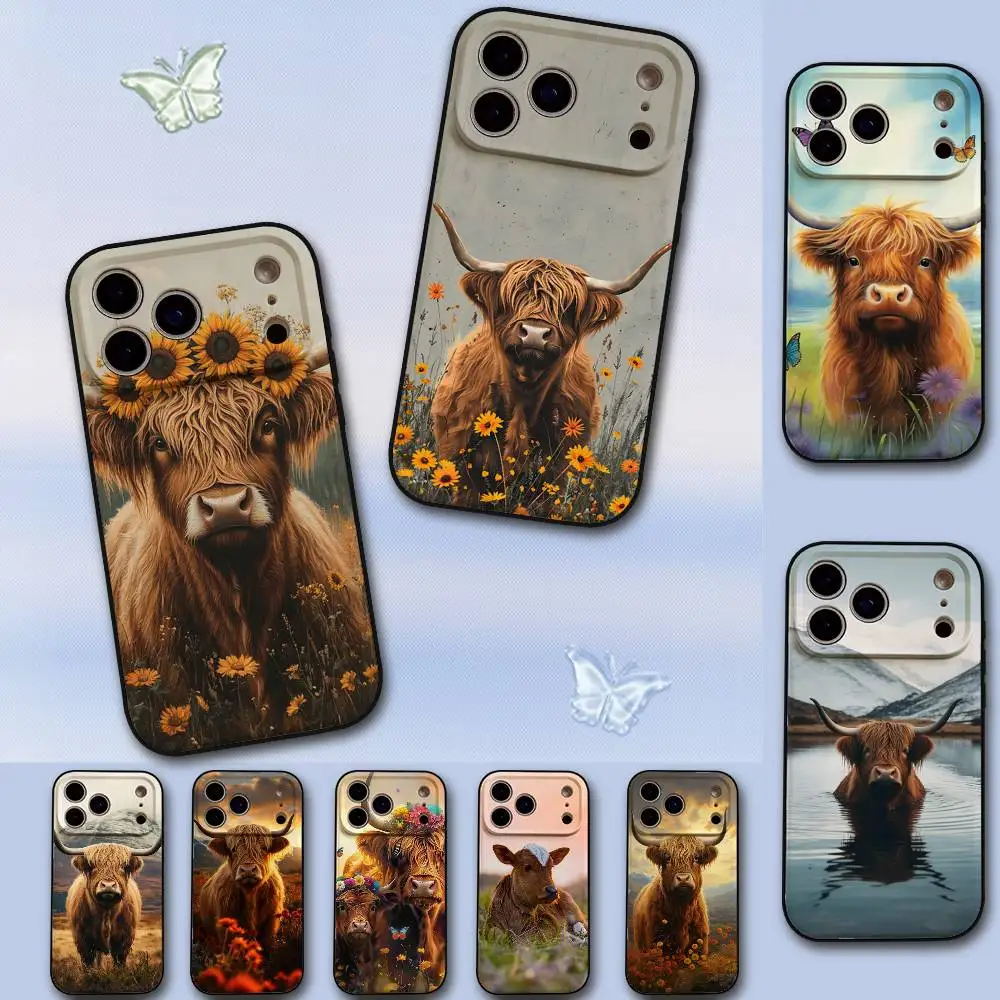 Coque de téléphone mignonne en silicone noir motif vache des Highlands pour iPhone 17, 16, 15, 14, 13 Pro Max, 11, 12 Mini, X, Xs, XR