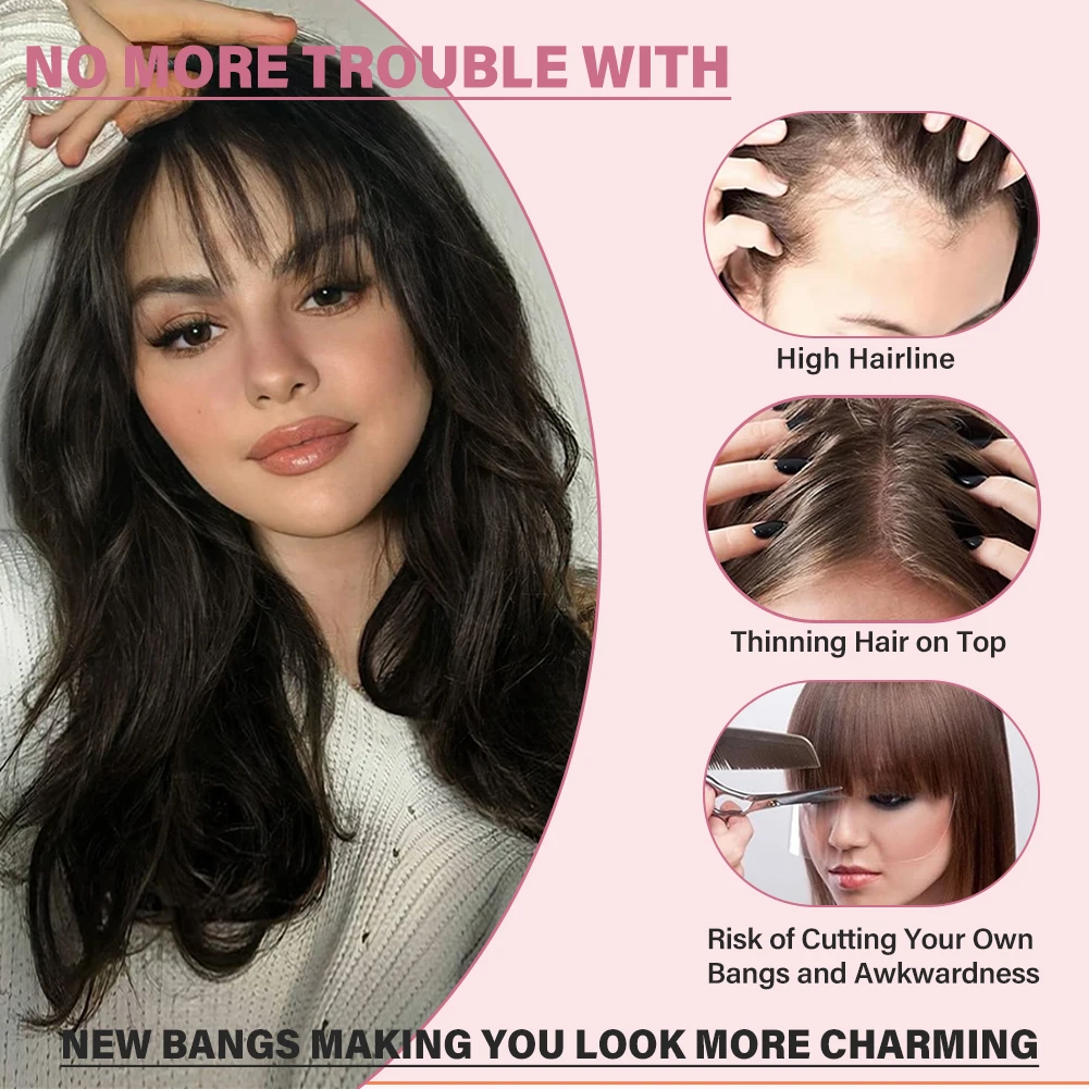 Rambut Asli Manusia 100% Lurus dengan Poni 3D dan Poni Samping untuk Wanita, Ekstensi Jepit Rambut Tipis Terlihat Alami
