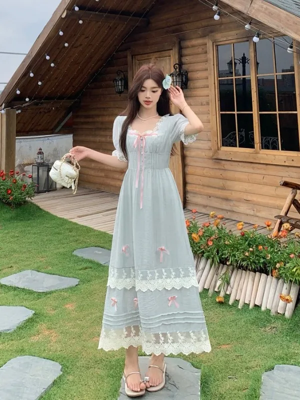 

plus Size Women's Gentle Pleated Square Collar Short Sleeve Dress Summer New Waist Cinching A-Line Skirt Korean Style Commute