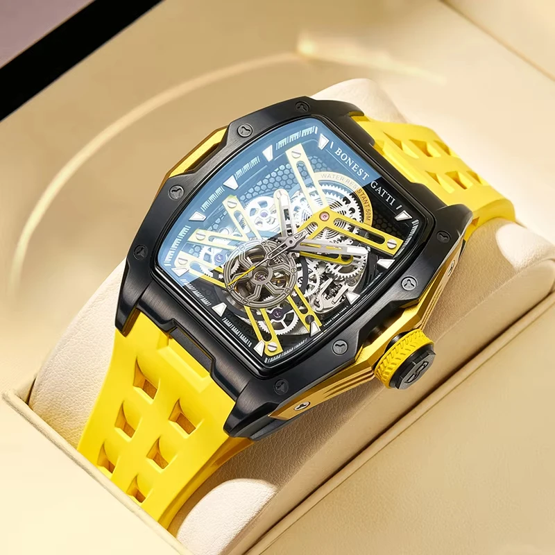 

Мужские часы Bonest Gatti 5502 с автоматическим механическим механизмом, корпусом из нержавеющей стали и желтым резиновым ремешком, модный дизайн.