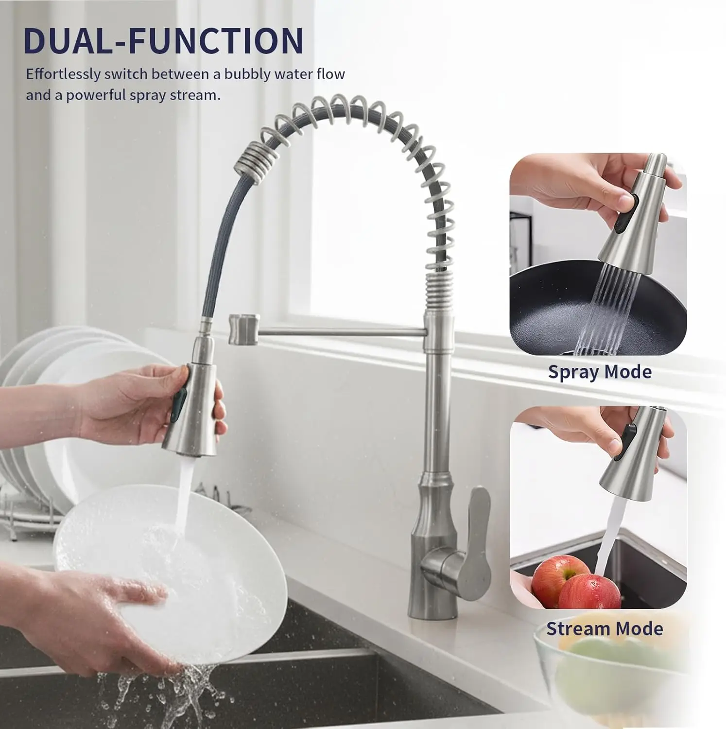 Küchenarmatur aus gebürstetem Nickel mit herunterziehbarem Sprühgerät, kommerzieller Hochbogen-Einzelgriff-Wasserhahn aus Edelstahl für Küchenspüle, 1-Hol