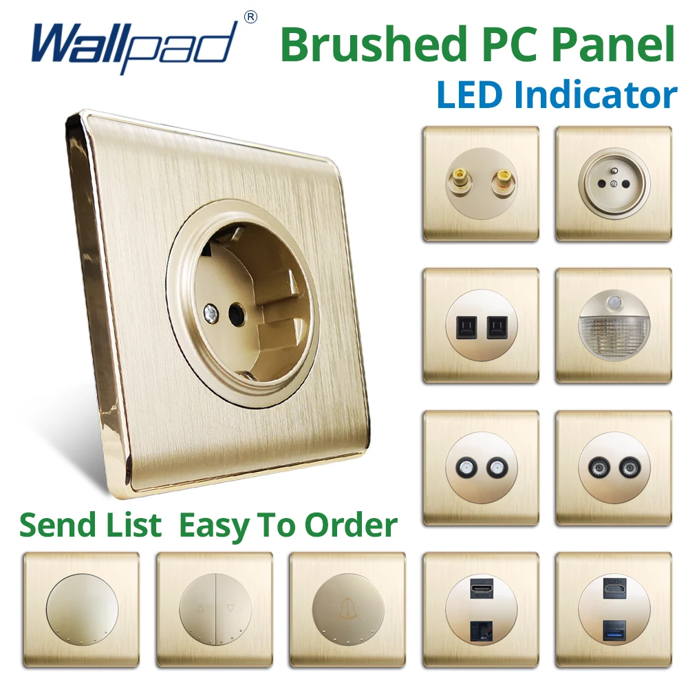 Wallpad PC Panel With Gold Edge 1 2 Gang Reset 3 Way Wall Light Switch TV SAT Shaver Socket HDMI USB3.0 AC110-220V