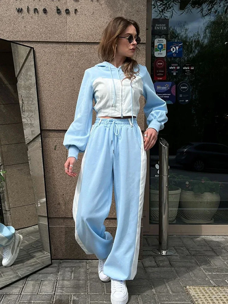 

Women's Hoodies Crop Top Wide Leg Pants Suits Y2K Pacthwork Zipper Lady Sweatshirt Autumn Fashion Korean Sportswear Streetwear