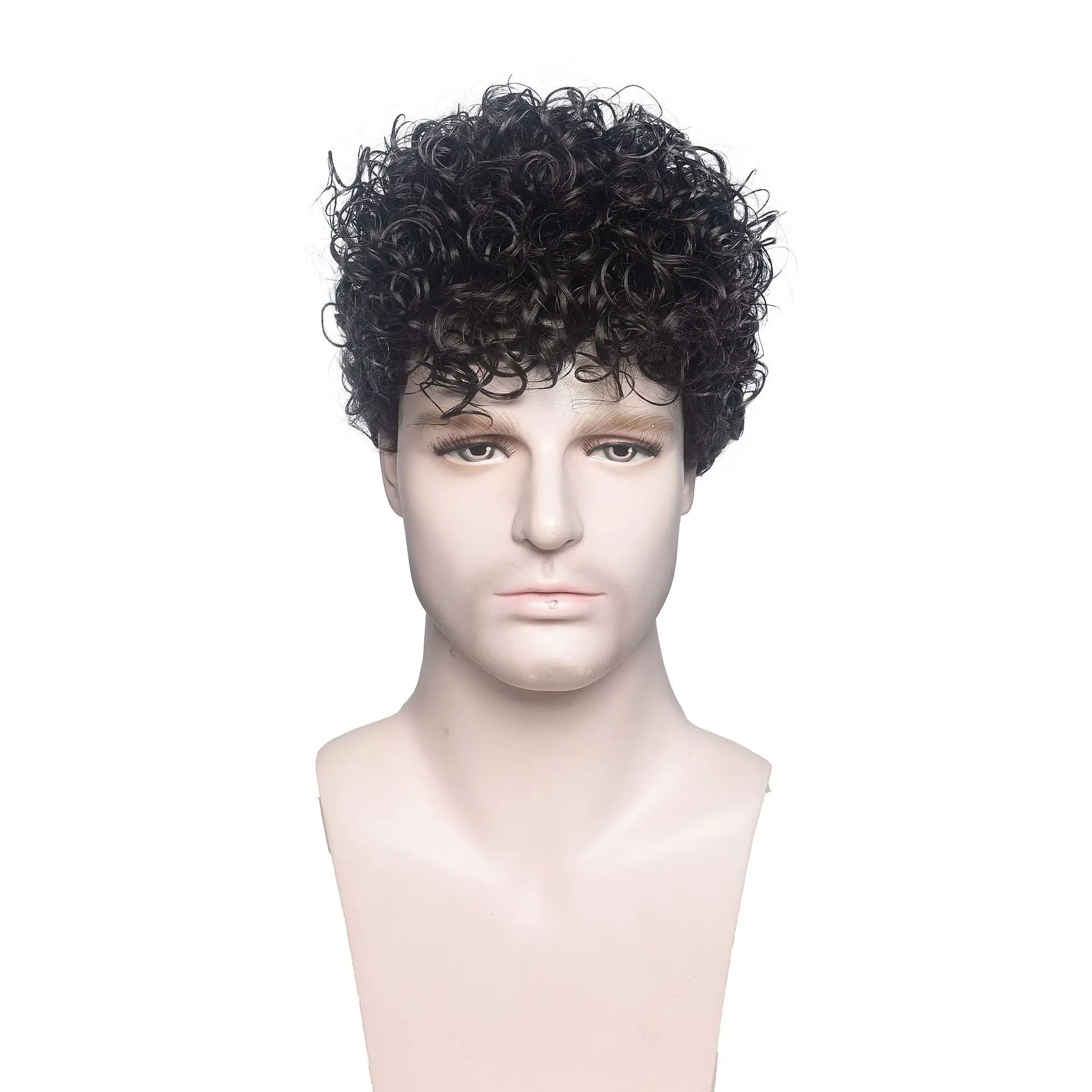 HANEROU Short Men Synthetic Wig Curly Black Natural Wigs with Bangs High Temperature Fiber for Daily Cosplay Party