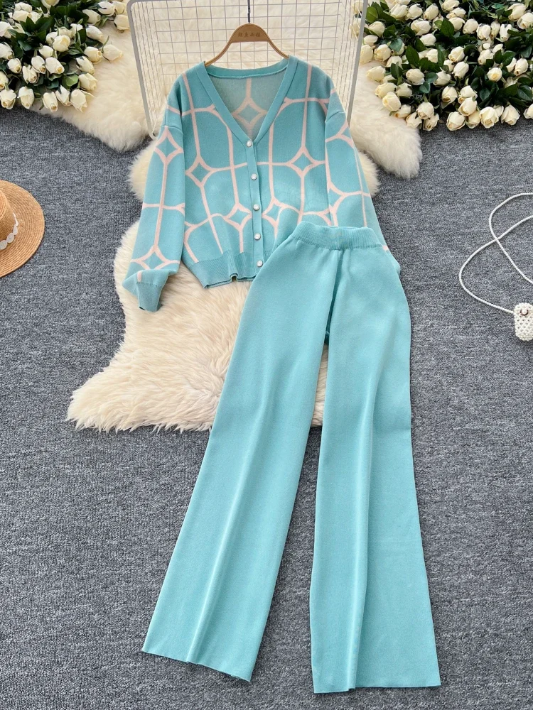 Knitted Two Piece Sets Women Autumn Winter Vintage Long Sleeved Printed Knitted Cardigan Sweater Wide Leg Pants Tracksuits