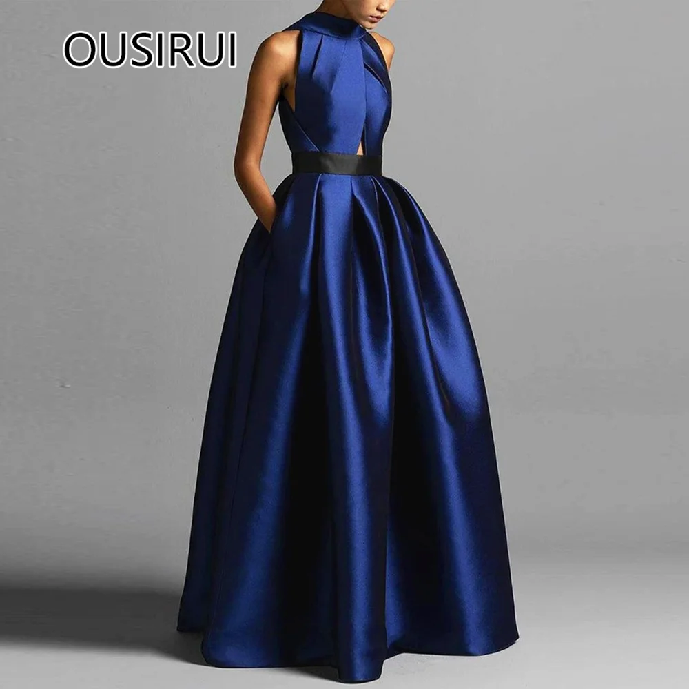 

OUSIRUI атласное плиссированное вечернее платье без рукавов с лямкой на шее, вечернее платье трапециевидной формы на спине, платье для выпускного вечера с карманами, придворный халат de mariée