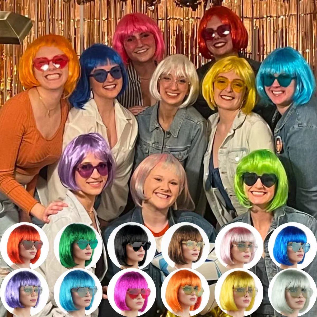 Peluca sintética de fibra para fiesta divertida con luces de neón de pelo corto Bobo colorido Día de los Inocentes Halloween