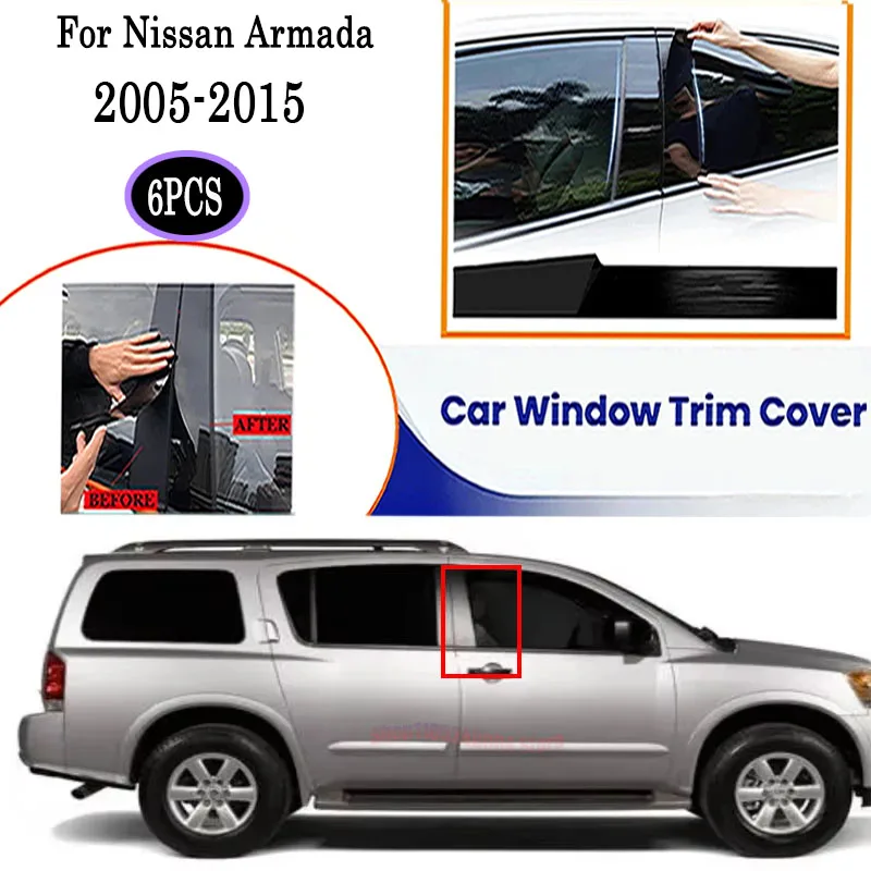 6PCS High Gloss Black Silver Carbon Window Pillar Post Cover For Nissan Armada 2005-2015 Protective Trim OE Style Set