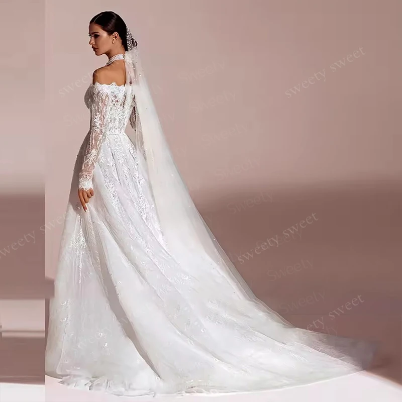 Graceful Wedding Dress Organza With Embroidery A-Line Ball Gown Boat Neck Full Sleeve Customized Bride Dress Vestido De Novia