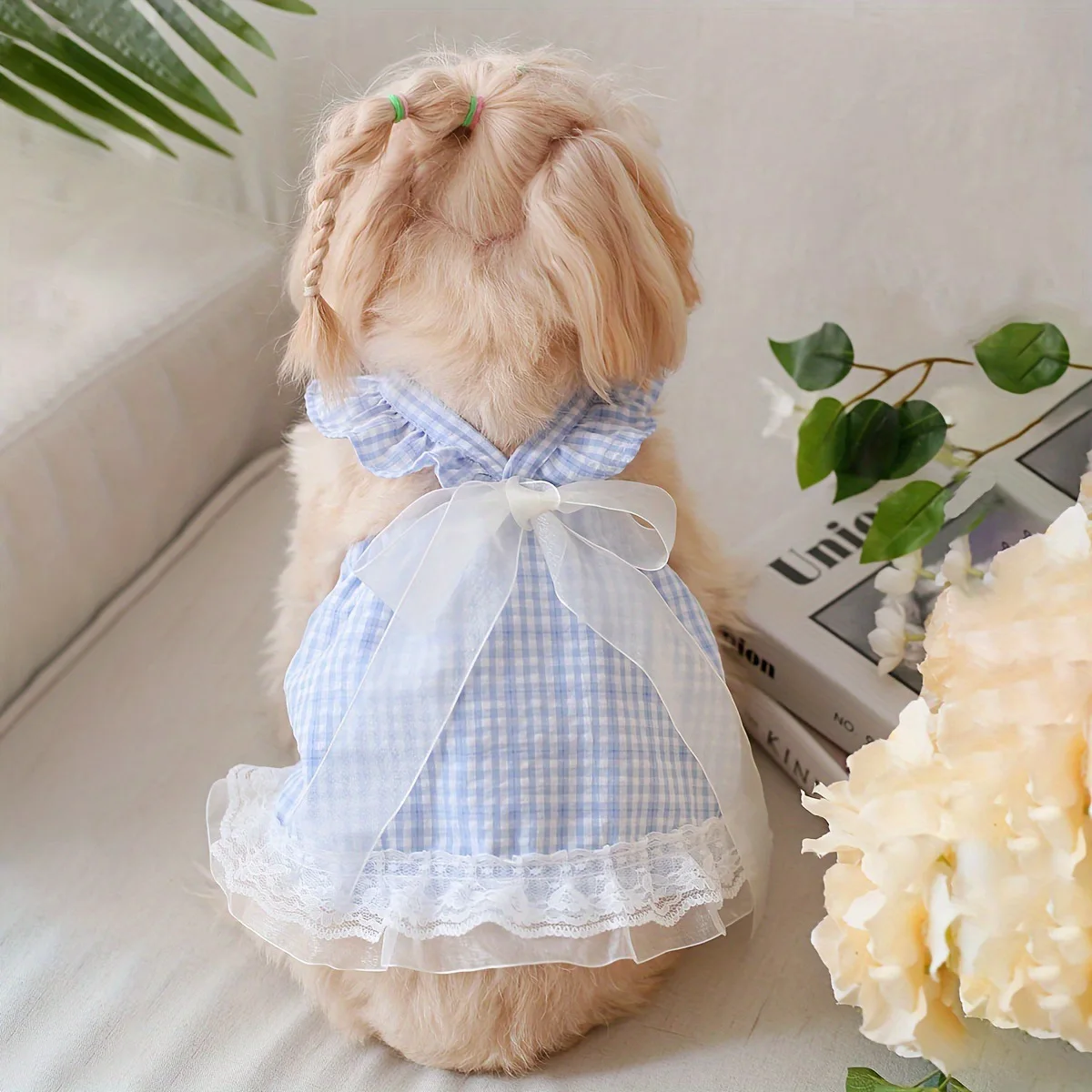 Cat and Dog Pet Clothing Fairy Bow Lace Checked Streamer Group Dog Clothes for Small Dogs Four Seasons