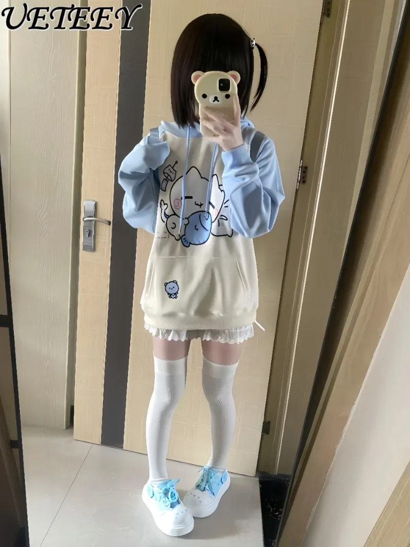 Sweats à capuche en pur coton avec impression de dessin animé mignon pour filles, sweat-shirt épissé original, pull à manches longues, doux, polyvalent, printemps, automne