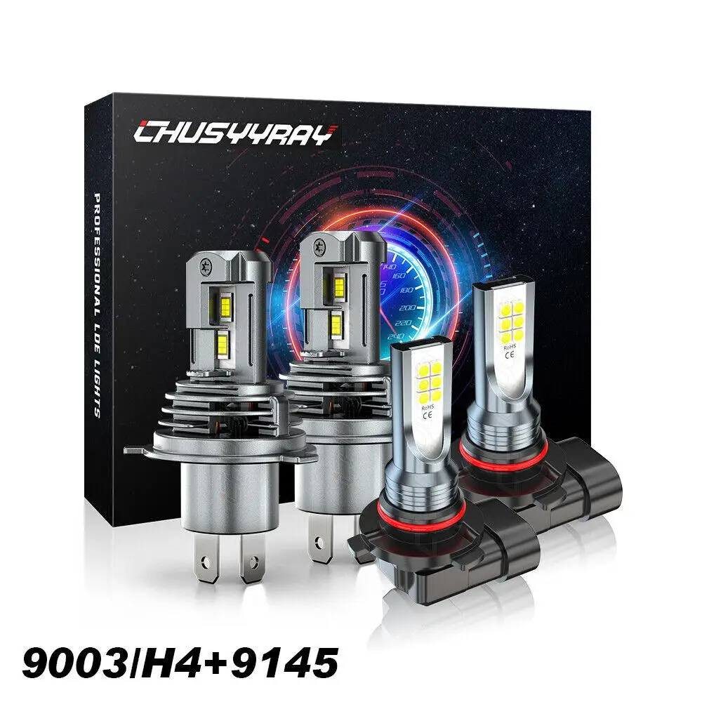 

PCVBMLAUT Car lights 4x H4/9003+9145/H10 LED Headlight Kit Hi/Lo Beam+Fog Light Bulb Kit 6000K White Car accsesories