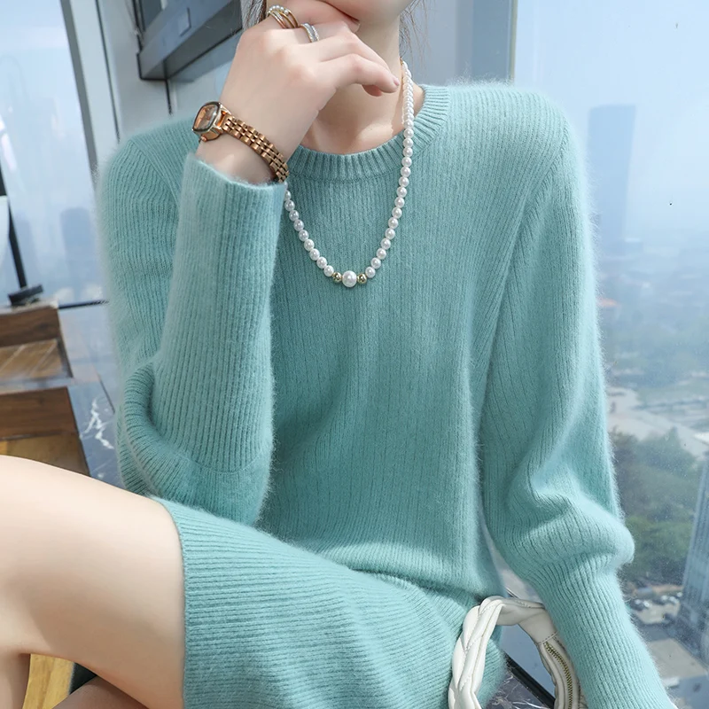 Autumn and winter women's O-neck sweater dress, 100% mink cashmere knitted simple long style, women's new style pullover dress