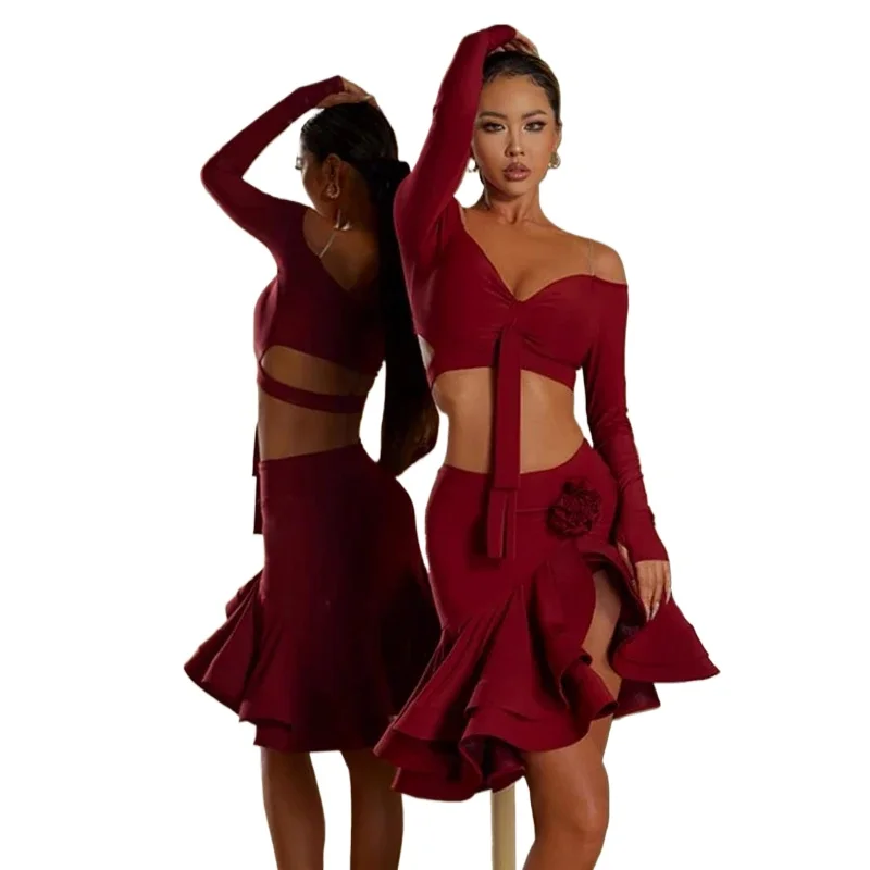 Haut Latin Sexy à épaules dénudées, jupes à volants, Costume de danse latine, vêtements de spectacle sur scène, ensemble de vêtements de danse Samba Tango pour femmes