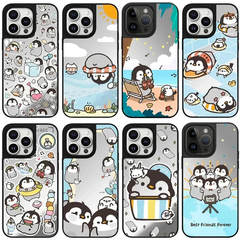 

Cute Penguin Mirror Black Border Engraved Letters Phone Case Cover for IPhone 11 12 13 14 15 Pro Max Case with MagSafe