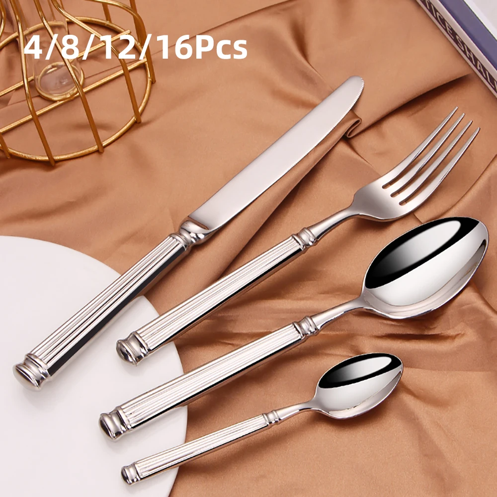 4/8/12/16Pcs Luxury Western Cutlery Set Elegant Tableware Stainless Steel Knife Fork Spoon Silver Dinnerware Dishwasher Safety