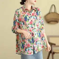 Retro Large Size Lapel Loose Women's Cotton and Linen Shirt Top Floral Long-sleeved Fashionable Printed Shirt
