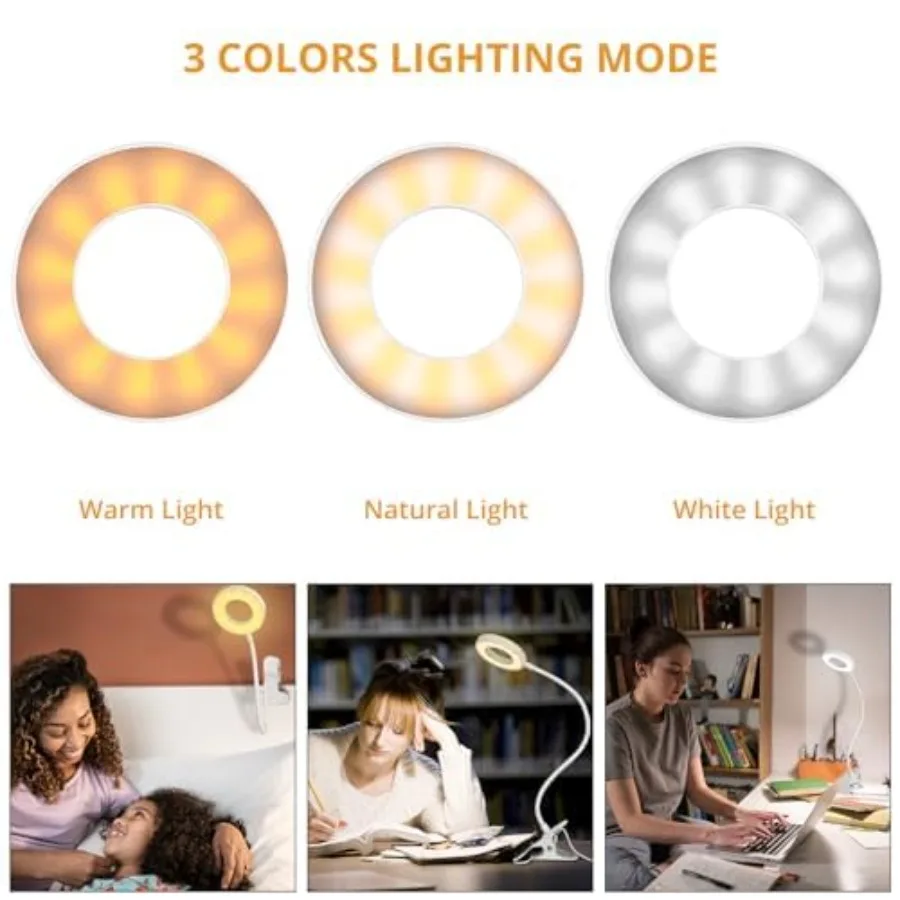 Desk Clip on Lamp for Reading Home Office, with 5V 2A Adapter, 10 Dimmable Brightness 3 Modes, Clamp Reading Light for Bed Head