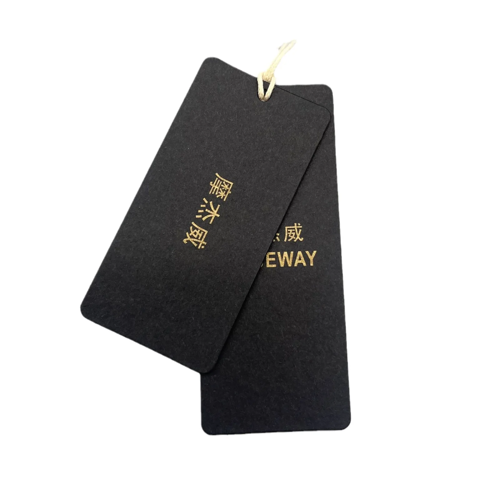 

Custom Logo Cardboard Label 600GSM Black Card with Gold Foil Stamping Logo 5x9cm Paper Hang Tags Clothing Swing Tag