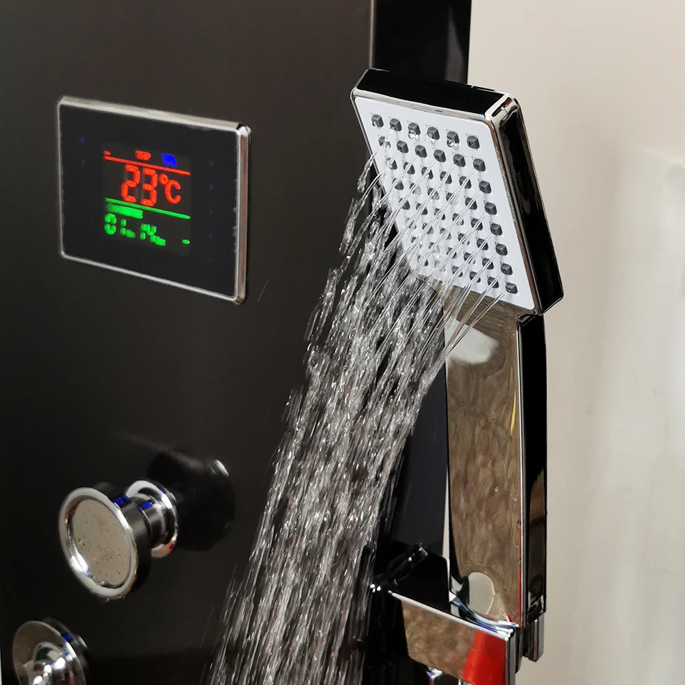 Monite Digital Display Bathroom Shower Column Rainfall And Waterfall Black Massage Spa Jets Bath LED Panel With Hand Shower Taps