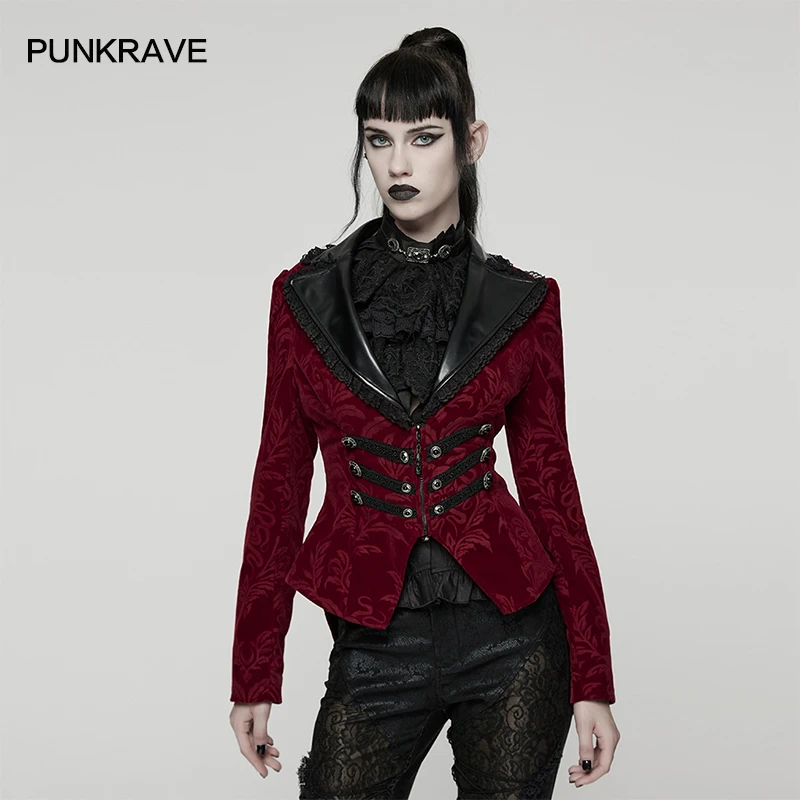 PUNK RAVE Women's Gothic Vintage Embossed Weft Velveteen Print Coat Overall Luxurious Cinched-waist Jacket 2 Colors Clothes