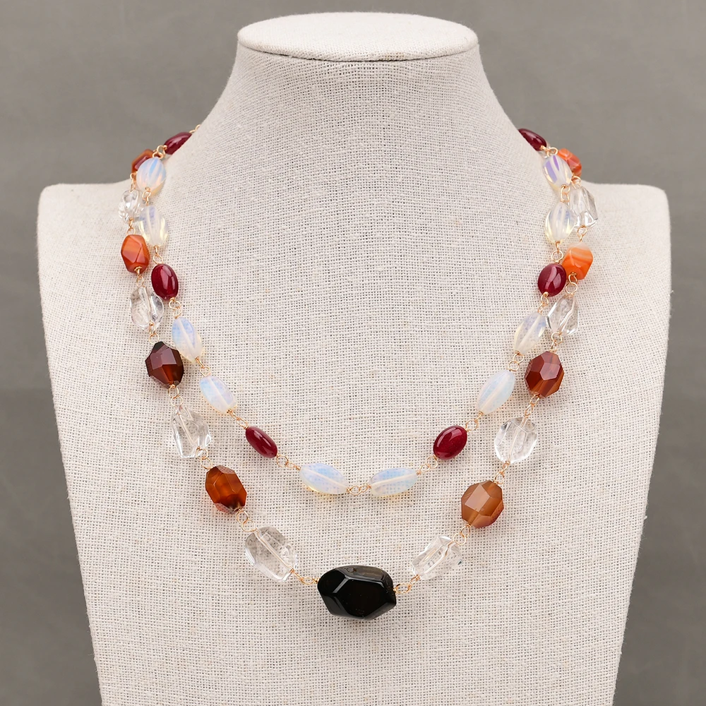 GG 18-21'' 2 Rows Natural Stone Multi Gems Red Agate White Opal Clear Quartz Necklace Handmade Lady Jewelry