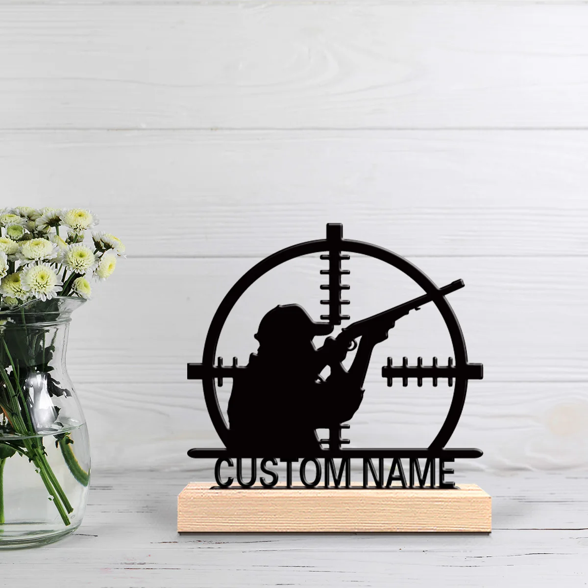 1pc Creative shooting Customized Name Metal Statue Iron Ornament Art Crafts With Wood Base Tin SculptureFor Home Decor