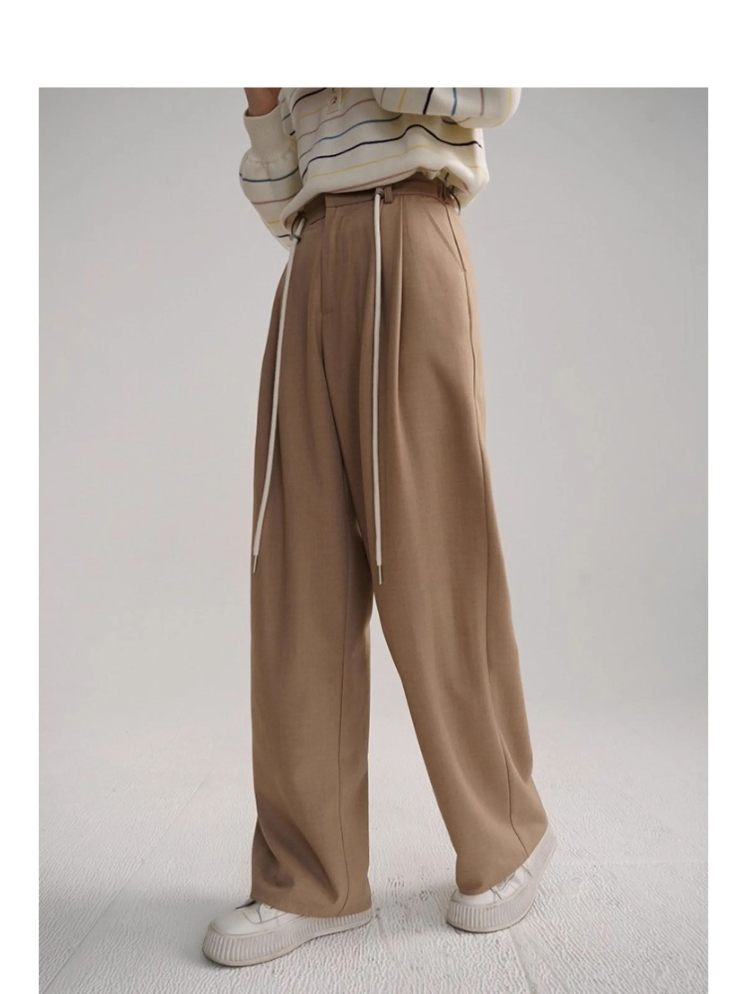 العصرية فضفاضة عالية الخصر السراويل النساء الخريف الكاكي الرباط بنطال ذو قصة أرجل واسعة عادية شيك قيعان طويلة الشارع الشهير الزي اليومي