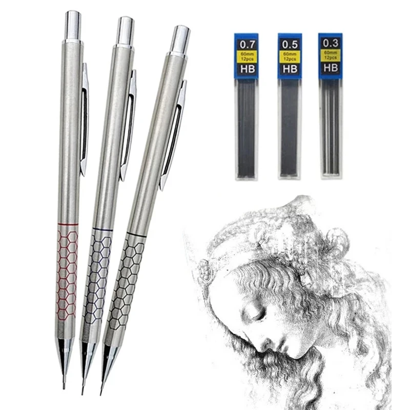 0,5 0,7 0,9 mm Metall-Druckbleistift mit Radiergummi-Set 2B/HB Mine Art Sketch Zeichenzubehör Automatisches Bleistift-Schreibpapier – Detail 2