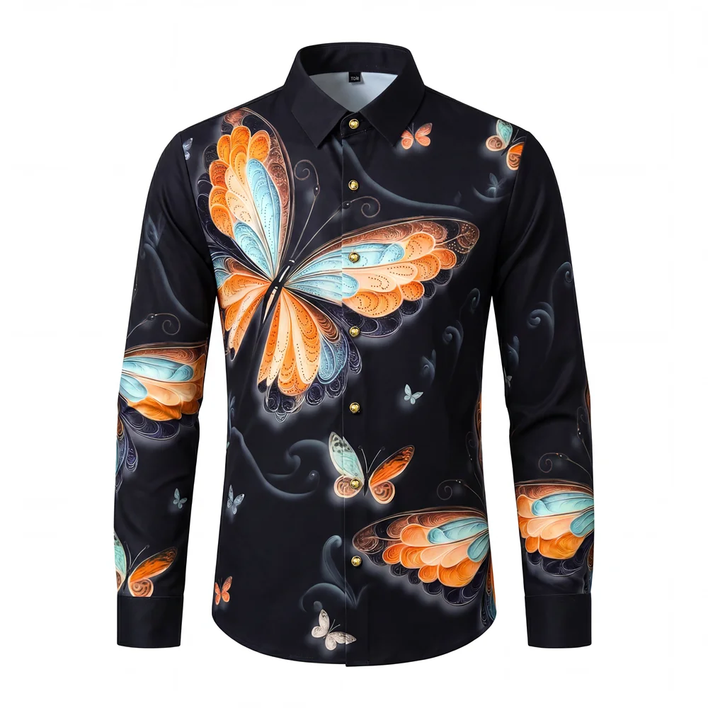Luxury Butterfly Rhinestone Men's Shirt Brand Long Sleeve Casual Business Dress Shirts Social Banquet Party Performance Costumes