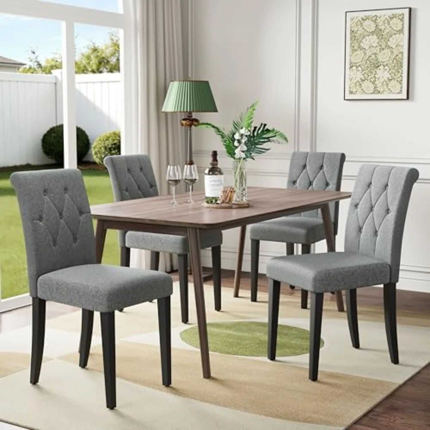 Upholstered Dining Chairs Set of 4, Button Tufted Parsons Dining Chair with Solid Wood Legs, Modern Fabric Side Chair