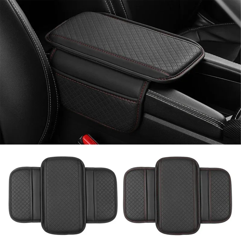 Car Armrest Cushion Universal Car Armrest Mats Wear-Resistant Pu Leather Auto Center Console Pad with 2 Side Storage Bag (Beige）