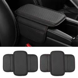 Car Armrest Cushion Universal Car Armrest Mats Wear-Resistant Pu Leather Auto Center Console Pad with 2 Side Storage Bag (Beige）