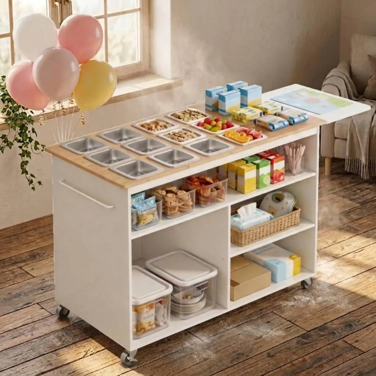 Stainless Steel Food Cart 12 Pans 4 Compartments, Mobile Salad Bar Pizza Station Swivel Wheels Party Catering, Customized