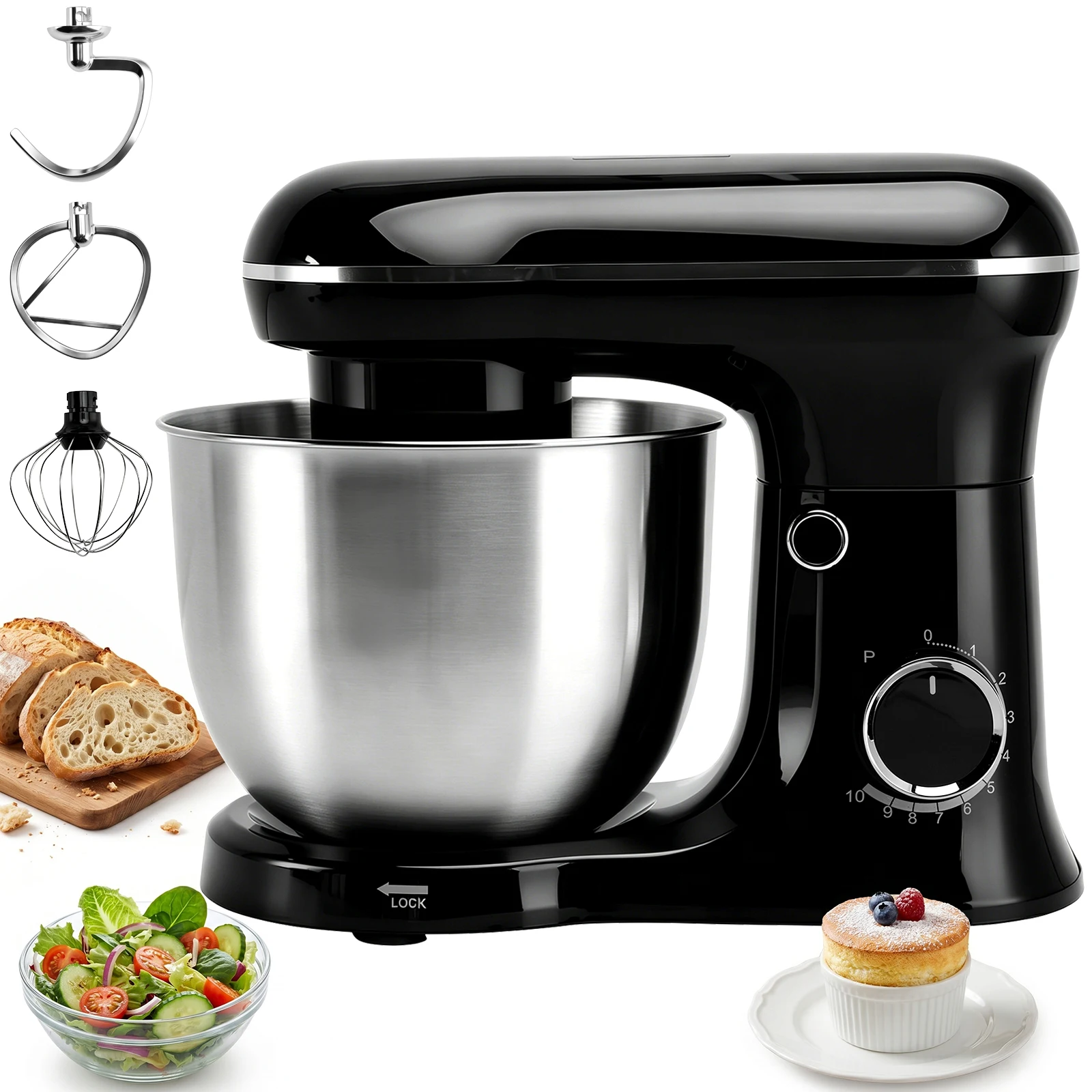 Areyourshop 5,2L Küchenmaschine 3-in-1 Elektrische Knetmaschine mit Knethaken, Flachrührer und Schneebesen - Teigmaschine für Backen, Kuchen und Brot