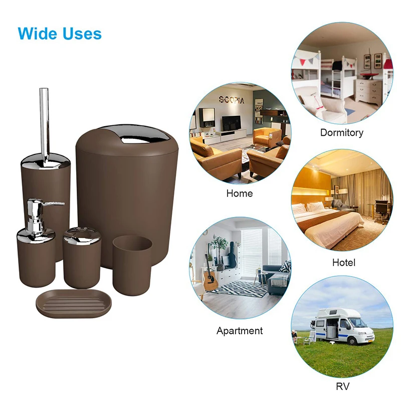 6Pcs Bathroom Accessories Set Bath Ensemble Soap Dish Trash Can Toilet Brush Tumbler Cup Necessities Kit Bathroom Accessories