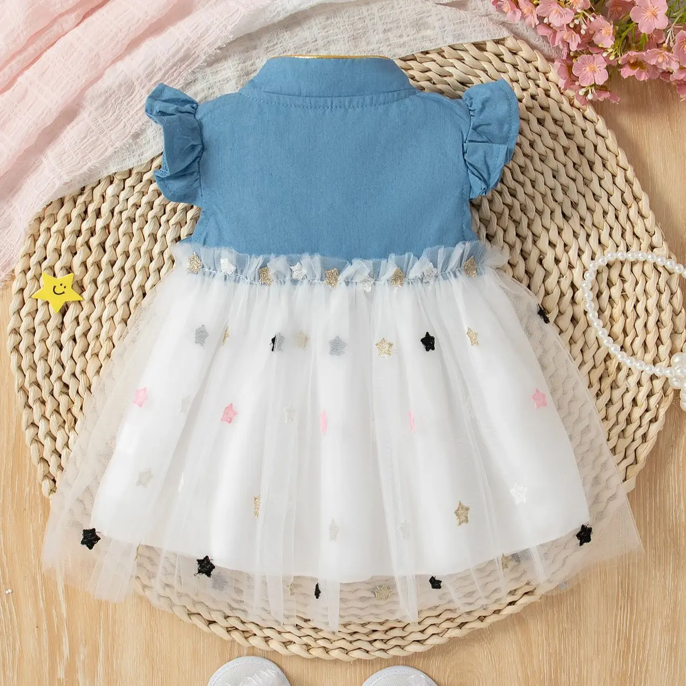 Baby Denim Dress Baby Girl Star Embroidered Gauze Princess Dress Cute Baby Clothes