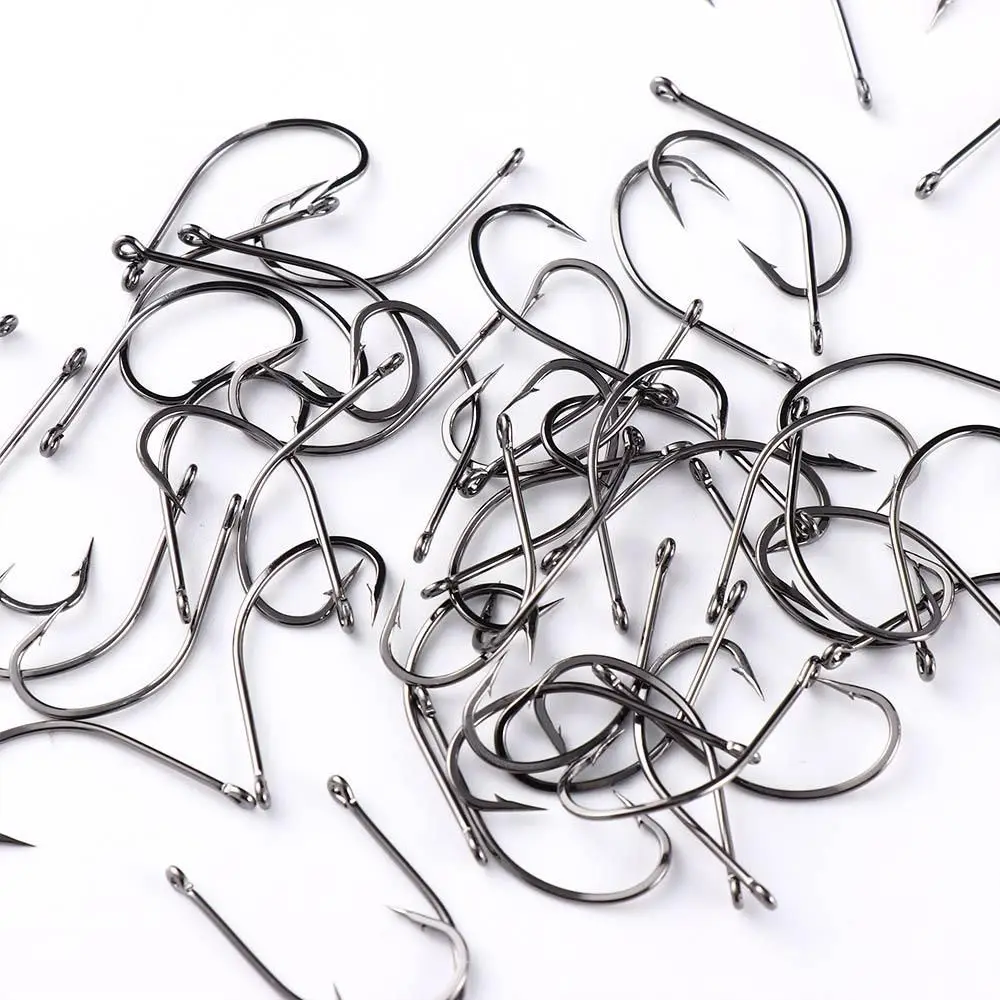 Fly Fishing Hook Black Nickle Carbon Steel Barbed Fishing Hooks Flattened Sharped Fishhooks Off-set Fishing Hook Big Long Shank