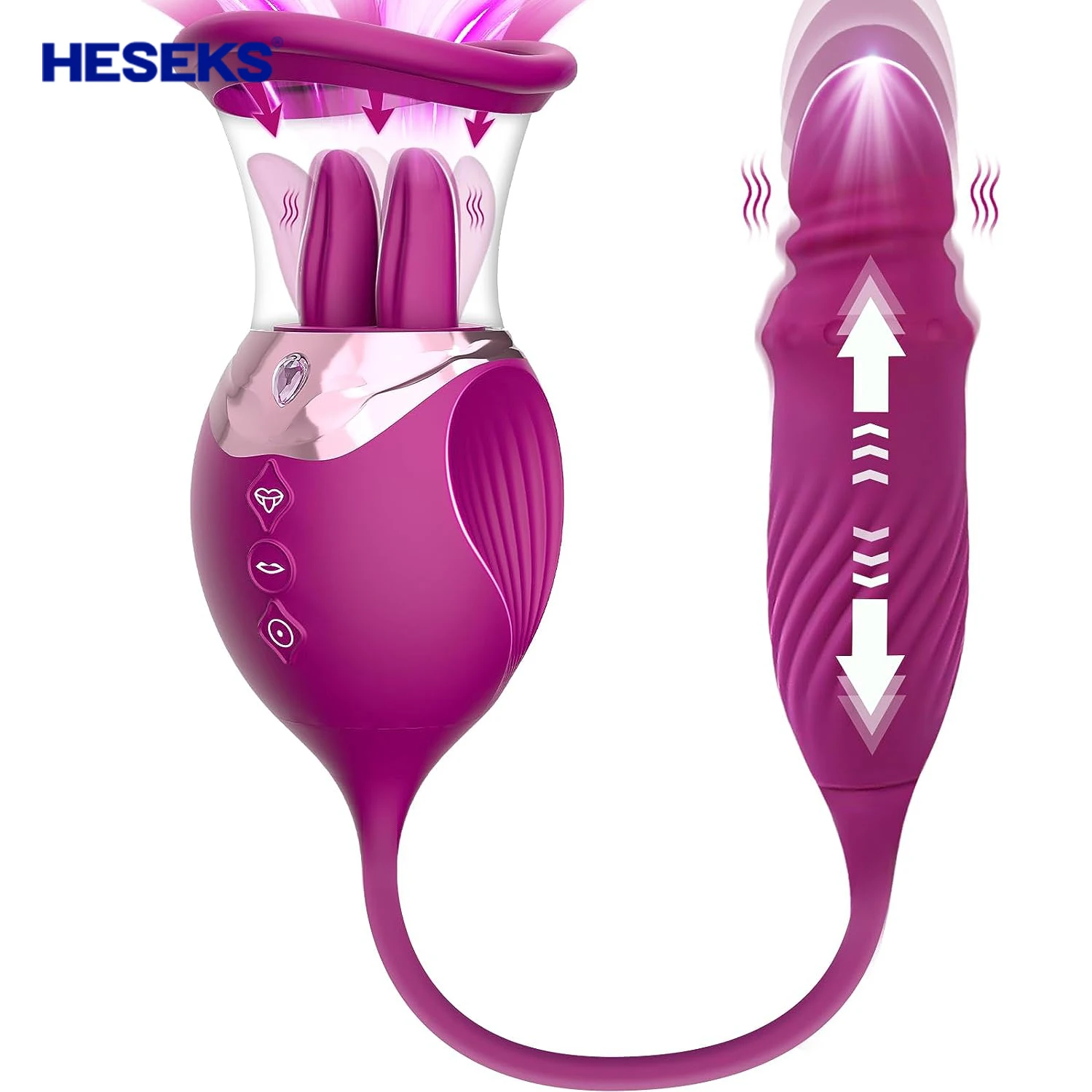 HESEKS 4 in 1 Sucking Tongue Licking Thrusting Vibrators Clitoral Nipple Sucker Pump Stimulator Rose Toys for Couples Woman