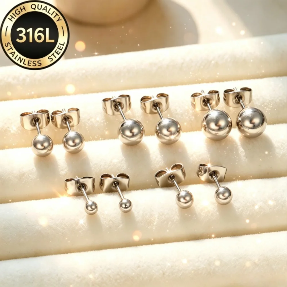 5 Pairs/Set Round Ball Stud Earrings Stainless Steel 3/4/5/6/7mm Delicate Ear Studs Minimalist Elegant Versatile for Women Daily