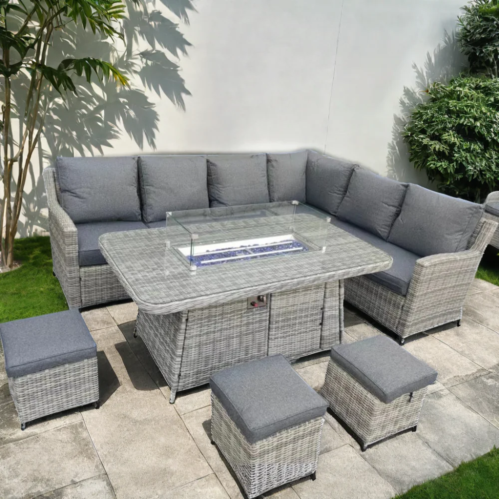 

Sectional L shape corner wicker furniture garden rattan dining sofas and outdoor fire pit table